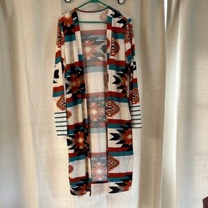 Western print cardigan, teal and rust